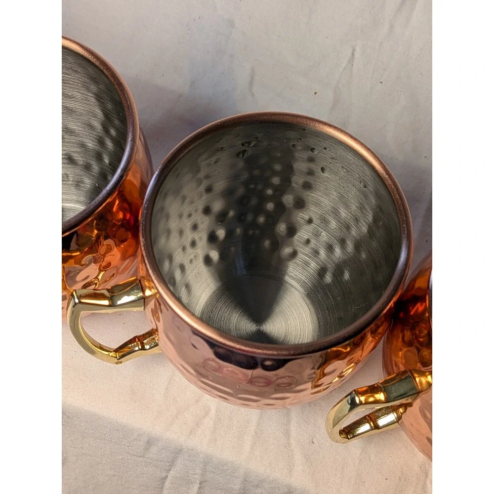 Eco-One Hammered Copper Moscow Mule Mugs Set of 4 Stainless Steel Gold Handle